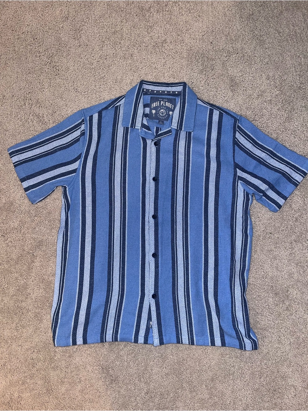 100% Cotton Stripe Short Sleeve Button Down Light Blue and Navy